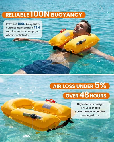 Vista 3 de Owntop Chaqueta de natación inflable para adultos, convertible automática/manual, cuello de neopreno, bolsillos grandes con solapa y trabillas