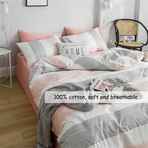 Vista 7 de DREAMINGO - Juego de ropa de cama a rayas de FenDie, color melocotón, blanco y gris, juego de 2 fundas de almohada, funda de edredón de algodón