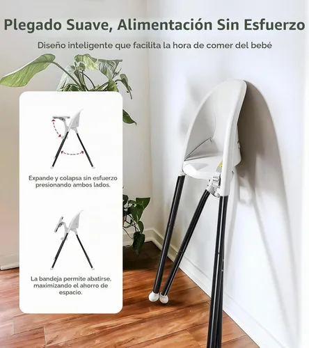 Vista 2 de Mallify Silla alta plegable, silla alta portátil para bebé que ahorra espacio con doble bandeja extraíble, moderna silla convertible para bebés