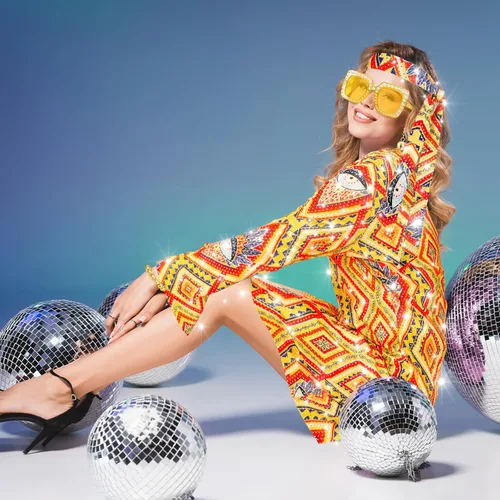 Vista 4 de 6 Pcs 70s Disco Costume Women Disco Costume Outfit, 70s Dance Dress Headband Disco Ball Earrings Necklace Bracelet Sunglasses