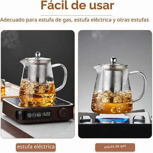 Vista 5 de Tetera de vidrio de 32.1 fl oz, hervidor de té de vidrio de borosilicato con infusor de acero inoxidable desmontable, tetera transparente para té