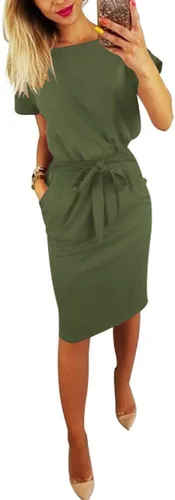 Vista 3 de Vestido modesto de manga corta para mujer, elegante vestido de longitud media con cinturón