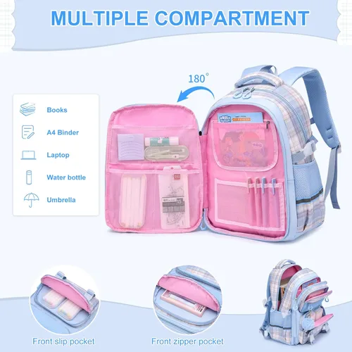 Vista 3 de WYCY - Mochila escolar para niñas Perfecta para niños y adolescentes Mochila kawaii con compartimento para portátil, Tartán azul, Grande, Classic