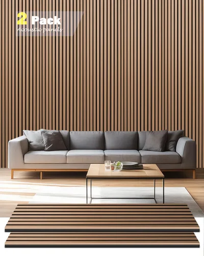Vista 8 de Paneles de pared acústicos, 2 paneles de pared insonorizados de listones de madera 3D de 48 x 11 pulgadas, para decoración de interiores, reducción