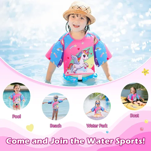 Vista 6 de MoKo Chaleco de natación para niños pequeños, chaqueta de natación de dibujos animados para niños que pesan de 22 a 66 libras, flotadores para niños