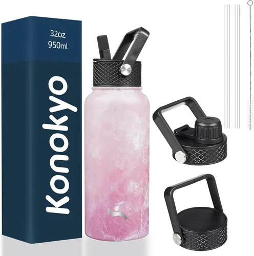 Vista 85 de Konokyo - Botella de agua aislada de 18 onzas, botellas deportivas de acero inoxidable con 3 tapas, verde militar