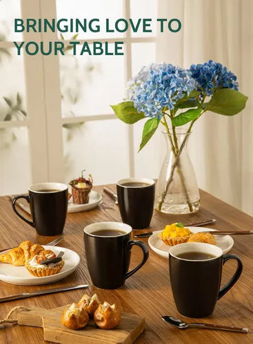 Vista 5 de Sweese Tazas de café de porcelana – 16 onzas (arriba al borde) para café, latte, té, cacao, juego de 4, negro
