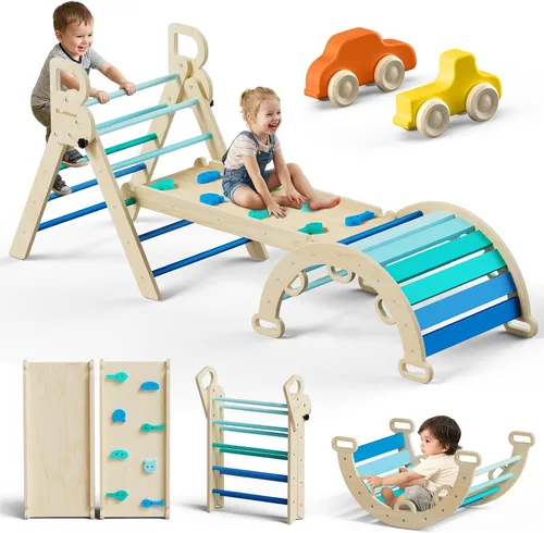 Vista 7 de BlueWood Pikler - Juego de triángulos 7 en 1 plegables, juguetes de escalada Montessori de madera con arco y rampa y escalera, escalador para bebés
