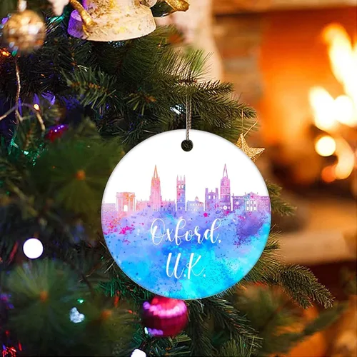 Vista 3 de Adorno navideño de cerámica Oxford impreso de dos caras, novedad para familiares, amigos, niños, silueta de vista de la ciudad, colgantes