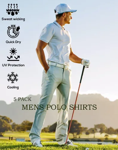 Vista 3 de Paquete de 5 camisas polo para hombre, secado rápido, manga corta, camisa de golf, piqué, jersey de ajuste regular