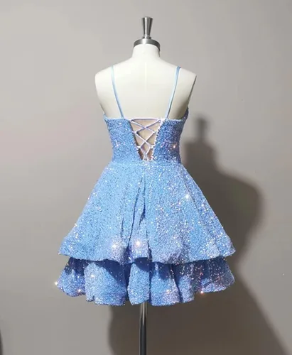 Vista 2 de SHLFETWLUA Vestidos de fiesta de lentejuelas para adolescentes, con tirantes delgados, brillantes, sexy, sin espalda, ajustados, cortos, vestidos