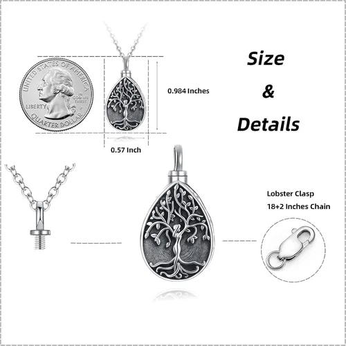 Vista 86 de Collar con colgante de urna de cenizas de cremación y árbol de la vida para mujer, plata de ley US1