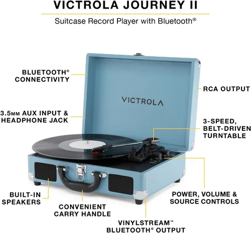 Vista 2 de Victrola Journey II (Modelo 2025) – Reproductor de Discos de Maleta Bluetooth – Altavoces Estéreo Integrados con Bajo Mejorado, Tocadiscos de 3