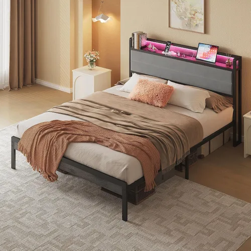 Vista 5 de LIKIMIO - Base de cama Queen con cabecero, luces LED y estación de carga
