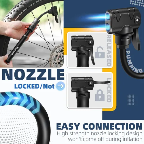 Vista 5 de Bomba de bicicleta Mini bomba de bicicleta – Bomba de ciclo de aleación de aluminio para válvula Presta y Schrader, bomba de neumáticos de bicicleta
