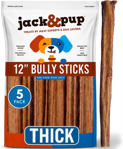 Vista 11 de Jack&Pup Bully Sticks de 12 pulgadas para perros (paquete de 10) masticables extra gruesos para perros de larga duración, sin olor, de un solo