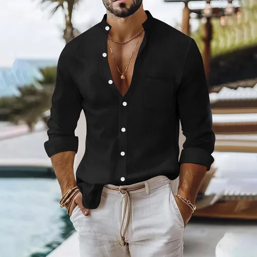 Vista 2 de Camisa de lino de algodón para hombre, manga larga con botones, cuello alto con bandas para playa y verano