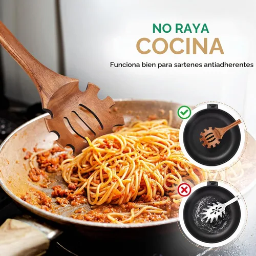 Vista 5 de Cucharas de madera para cocinar, juego de 2 piezas de utensilios de madera de cuchara de sopa y cuchara de pasta de espagueti con dientes, juego