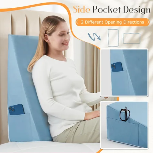 Vista 4 de Horbaunal Funda de Almohada de Cuña de Cama Azul con Diseño de Cremallera, Protector de Almohada de Cuña con Bolsillo Lateral para Almacenamiento