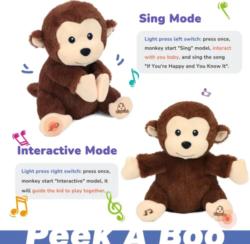 Vista 4 de Hopearl Monkey - Juguete musical interactivo de peluche que canta y canta, adorable regalo eléctrico para niños, marrón, 11 pulgadas