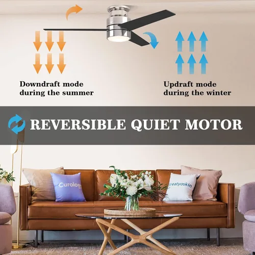 Vista 4 de Ventilador de techo plateado de perfil bajo de 3 aspas de 52 pulgadas con control de aplicación LED, control Alexa/Google Assistant Necesita