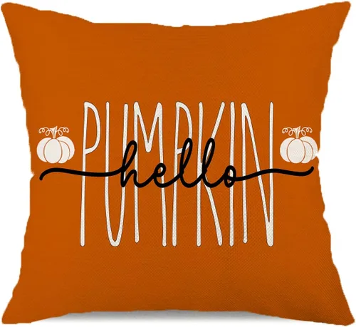 Vista 12 de Fundas de almohada de 18 x 18 pulgadas con texto en inglés "Hello Fall", decoraciones de otoño con texto en inglés "Hello Pumpkin", fundas