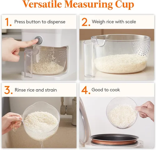 Vista 5 de Lifewit Contenedor de arroz de 25.4 libras, dispensador de arroz con taza medidora y organizador de herramientas para el cabello, soporte