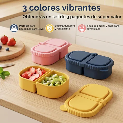 Vista 2 de ICEROYCE - Paquete de 3 recipientes de silicona para niños, lonchera de 2 compartimentos 8 oz Capacity, Leakproof Lid, Food Grade Silicone