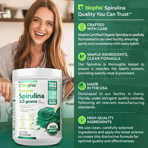 Vista 6 de biophix Polvo de espirulina orgánica, 2.2 libras 100% pura espirulina azul verde algas en polvo, vegano, sin OMG, no irradiado, certificado USDA