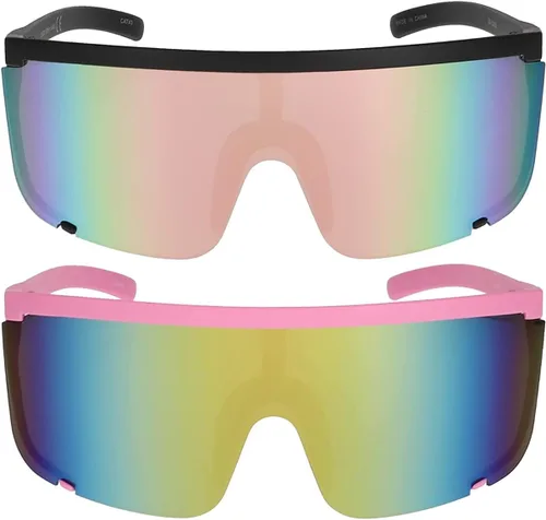 Vista 14 de Gafas de sol impecables unisex de gran tamaño con lentes espejadas, montura negra mate Espejo púrpura