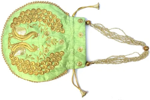 Vista 2 de Bolso Potli de seda bordado de diseñador étnico indio, bolso de mano con mango de perlas Batwa para mujer