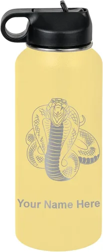 Vista 58 de LaserGram Botella de agua personalizada, serpiente de cobra, acero inoxidable de doble pared aislada al vacío con popote superior, regalo grabado