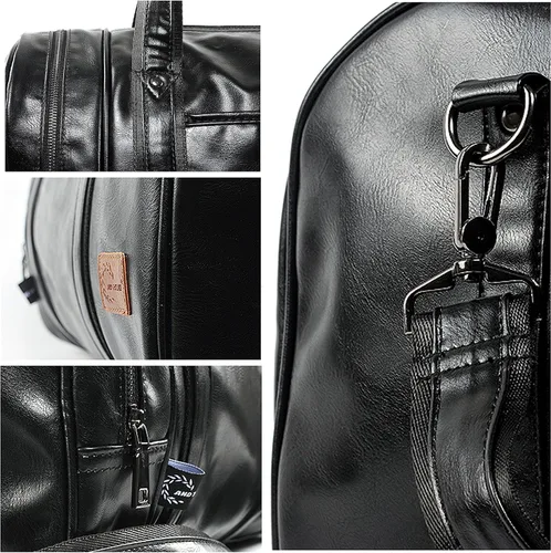 Vista 7 de Bolsa de viaje de cuero con bolsa para zapatos, bolsa impermeable para fin de semana, bolsa de lona de mano para hombres y mujeres, color negro