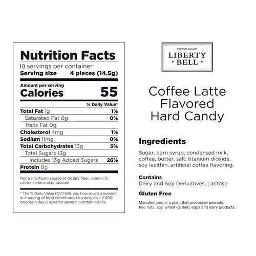 Vista 2 de Liberty Bell Coffee Latte - Caramelo duro con sabor a cafeína, envueltos individualmente, bolsa de 5 onzas