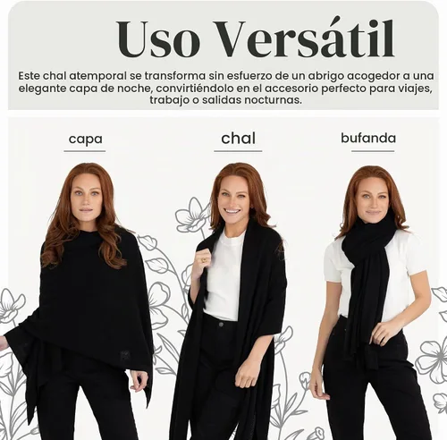 Vista 2 de Velanio Cashmere Bufanda de pashmina de cachemira 100% tejida, chal extra grande para mujer, estola de viaje Negro