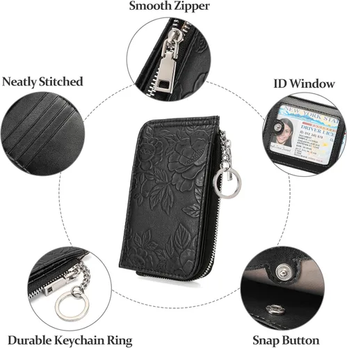 Vista 5 de GAEKEAO Cartera pequeña porta tarjetas de crédito para mujeres RFID de cuero delgada tipo pulsera con llavero y bolsillo con cremallera, Negro