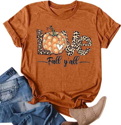 Vista 35 de Woffccrd - Camisetas divertidas con estampado de calabaza y leopardo para mujer, camisetas gráficas de manga corta de Halloween para mujer