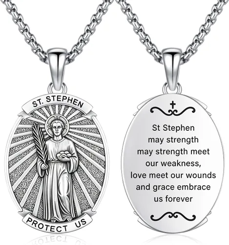 Vista 48 de Collar con colgante de amuleto de medalla de San de plata 10A-St Michael Oval