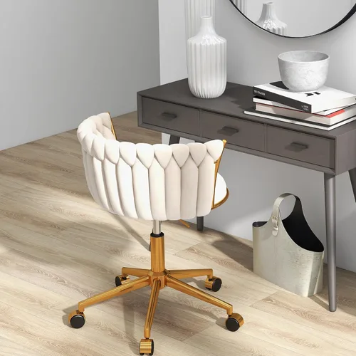 Vista 3 de Silla de escritorio de terciopelo, moderna silla de oficina con ruedas, sillón giratorio de tocador para el hogar con respaldo tejido, asiento