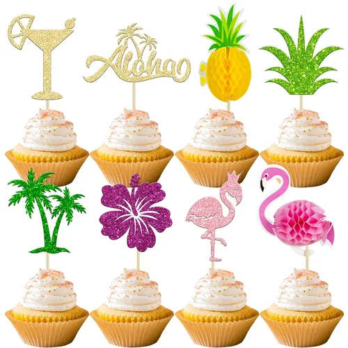 Vista 21 de Gyufise 1 decoración de pastel de flamenco con purpurina para decoración de pastel de flamenco para decoración de pastel hawaiano Luau tropical piña