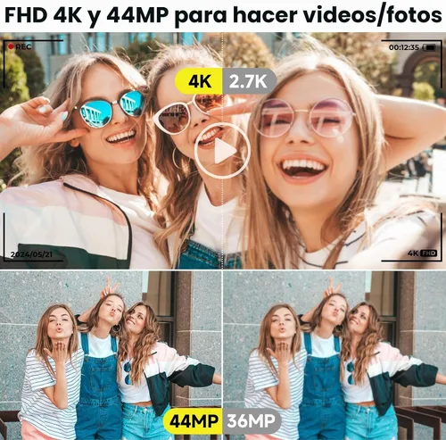 Vista 2 de Cámara digital, cámara digital FHD 4K con tarjeta SD de 64 GB, cámara digital de apuntar y disparar de 44 MP, zoom digital 16X, antivibraciones, 3