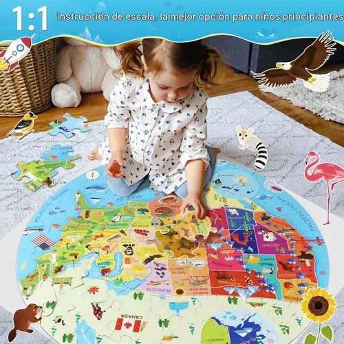Vista 5 de DIGOBAY Rompecabezas de Estados Unidos de 70 piezas con mapa de Estados Unidos rompecabezas de suelo para niños de 4 a 10 años, rompecabezas redondo