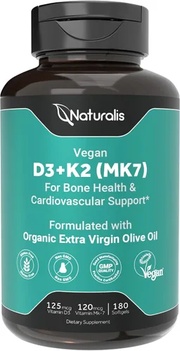 Vista 9 de Naturalis Vitamina vegana D3+K2 de algas 5000 UI D3 con 120 mcg MK7 Certificado de la sociedad vegana, de origen sostenible, mejor que