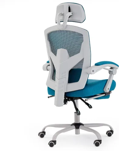 Vista 8 de Silla de oficina ergonómica de malla con almohada de apoyo lumbar y reposapiés retráctil, diseño de respaldo alto transpirable, silla reclinable Azul