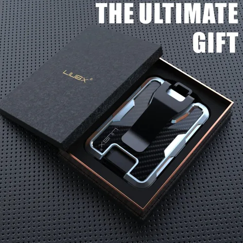 Vista 10 de LIUGX Portatarjetas de aluminio con caja de regalo, fibra de carbono, clip