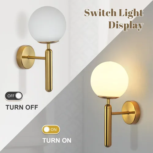 Vista 4 de KCO Lighting - Juego de dos apliques de pared de latón con forma de globo de vidrio de leche, aplique de pared dorado cepillado, modernos accesorios