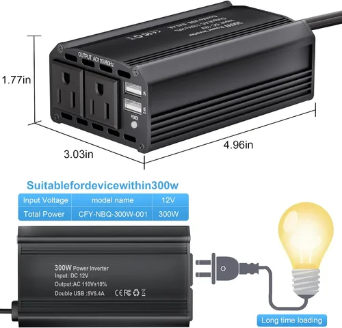 Vista 5 de Inversor de corriente de 300 W, adaptador de enchufe de coche de 12 V CC a 110 V CA, adaptador de enchufe de automóvil a enchufe de pared