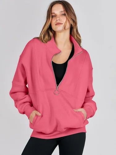 Vista 3 de ANRABESS Sudaderas de forro polar con media cremallera para mujer, de gran tamaño, con cremallera de un cuarto, ropa de otoño 2024, ropa de moda