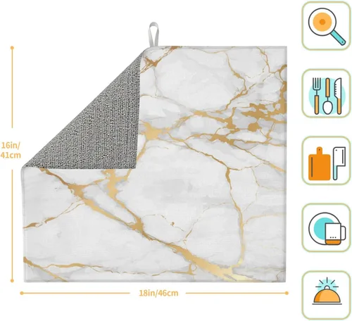Vista 3 de Tapete de secado de platos de microfibra absorbente de mármol blanco dorado, antideslizante, de secado rápido, resistente al calor, tapete a011