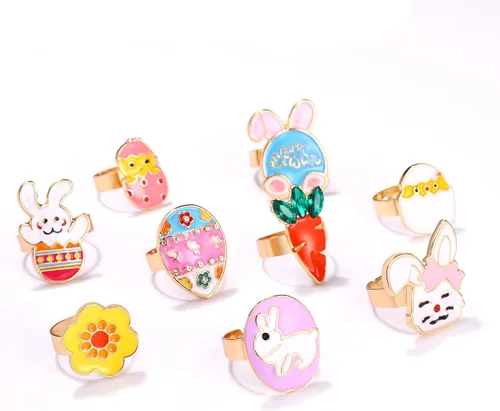 Vista 3 de 9 anillos de Pascua para mujeres y niñas esmaltados bonitos anillos de huevo de conejo zanahoria pollo arco iris ajustable feliz Pascua conejo